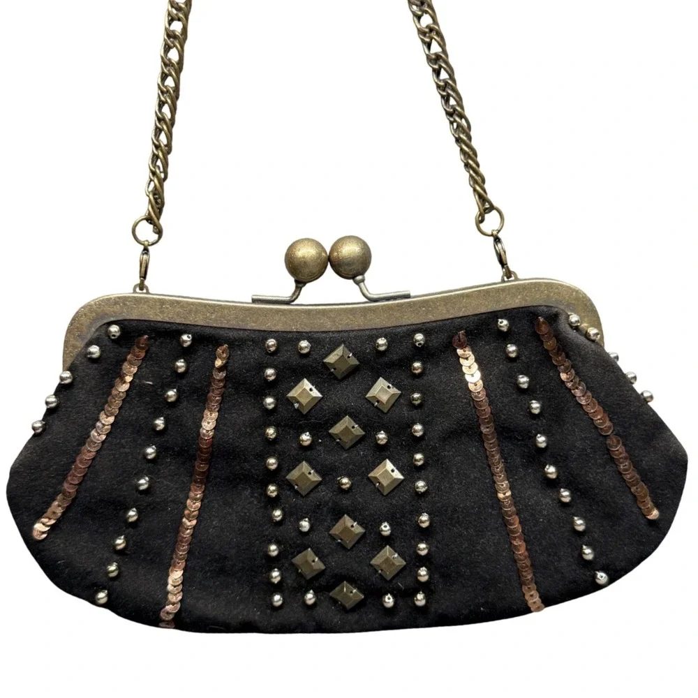 Boho Beaded Clutch Evening Bag Black Chicos Small - Picture 2 of 6